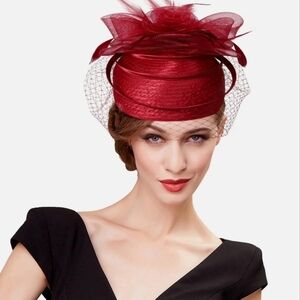 Elegant Deep Red Wine Braided Pillbox Exquisite Lace Veil and Tulle Flow…